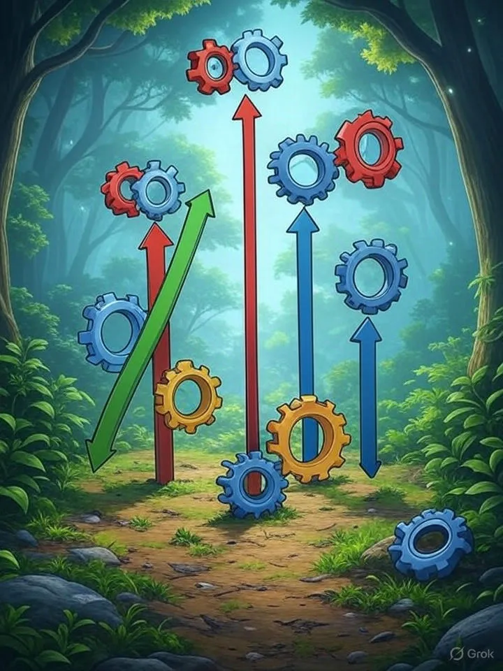 Illustration eines Diagramms mit aufsteigenden Pfeilen und Zahnrädern, symbolisiert Strategien und Automatisierung der Leadgenerierung